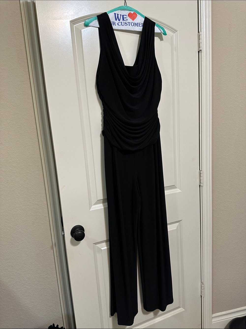 R & M Richards Black Draped Wide-Leg Jumpsuit with Cowl Neck